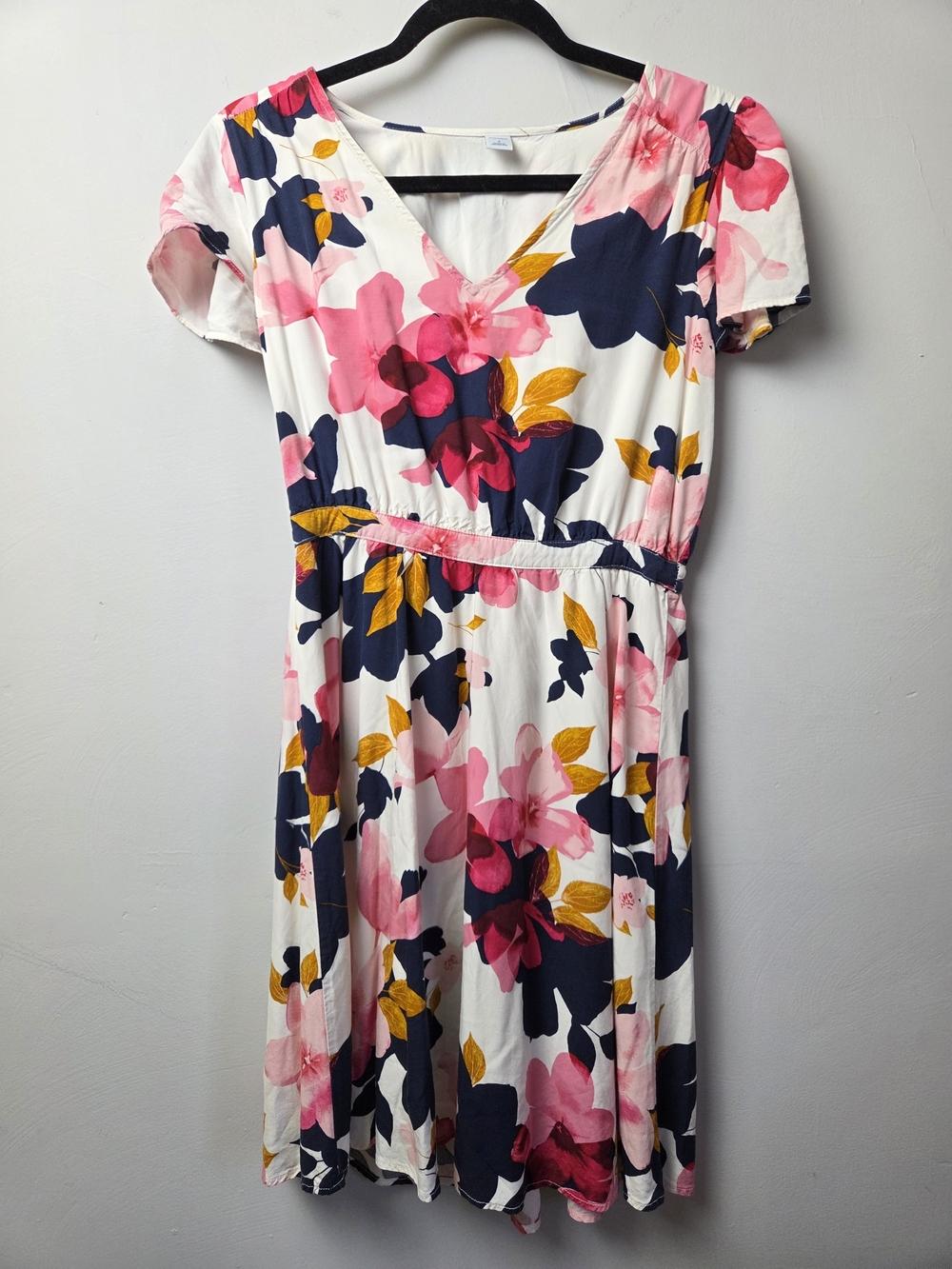 Old Navy White Floral Dress with Pink, Navy & Gold Leaves